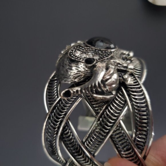Brutalist Wide Cuff Bracelet Rustic Silver Tone Elephant Applique Woven Design - Picture 8 of 9
